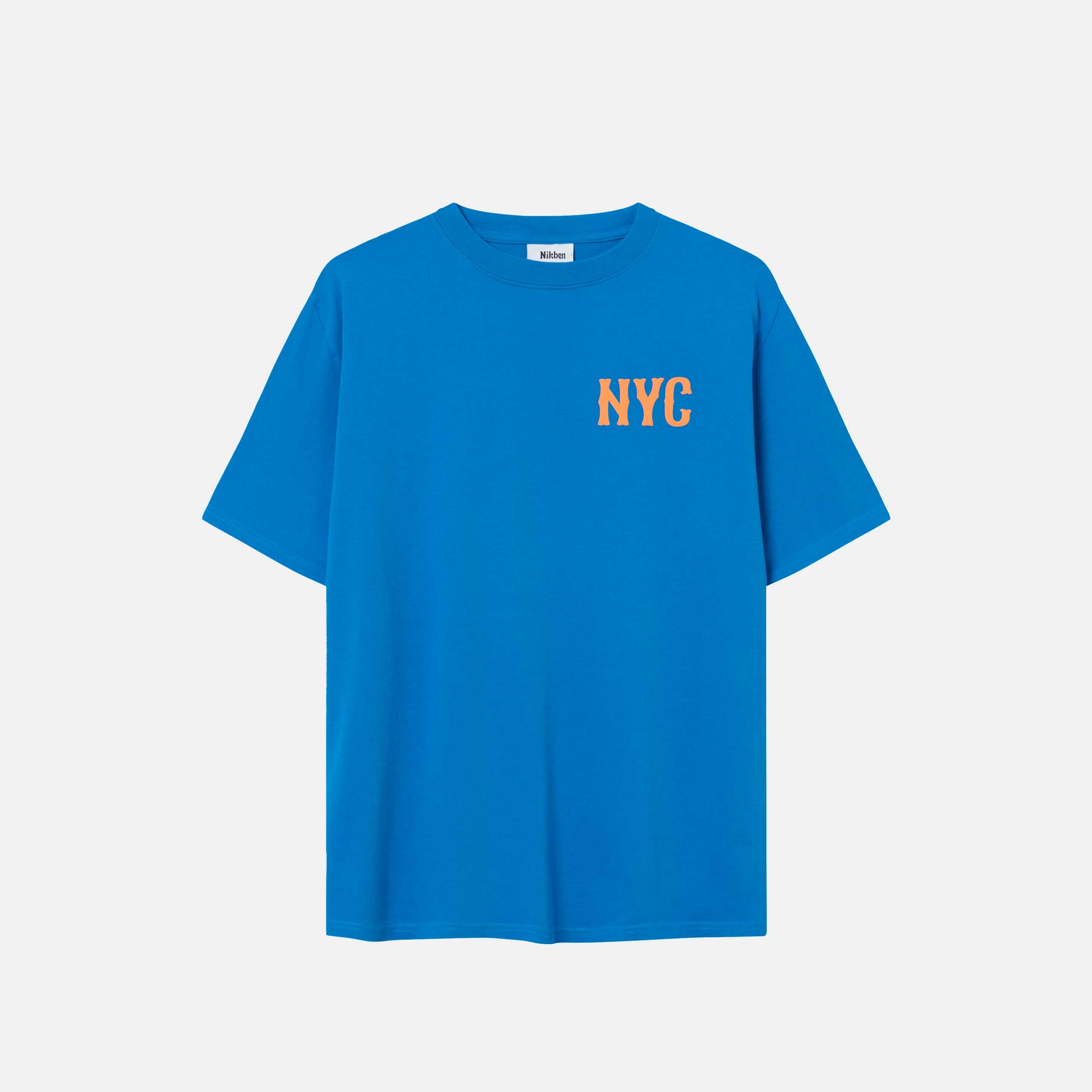 Blue t-shirt with "NYC" chest print in orange letters.