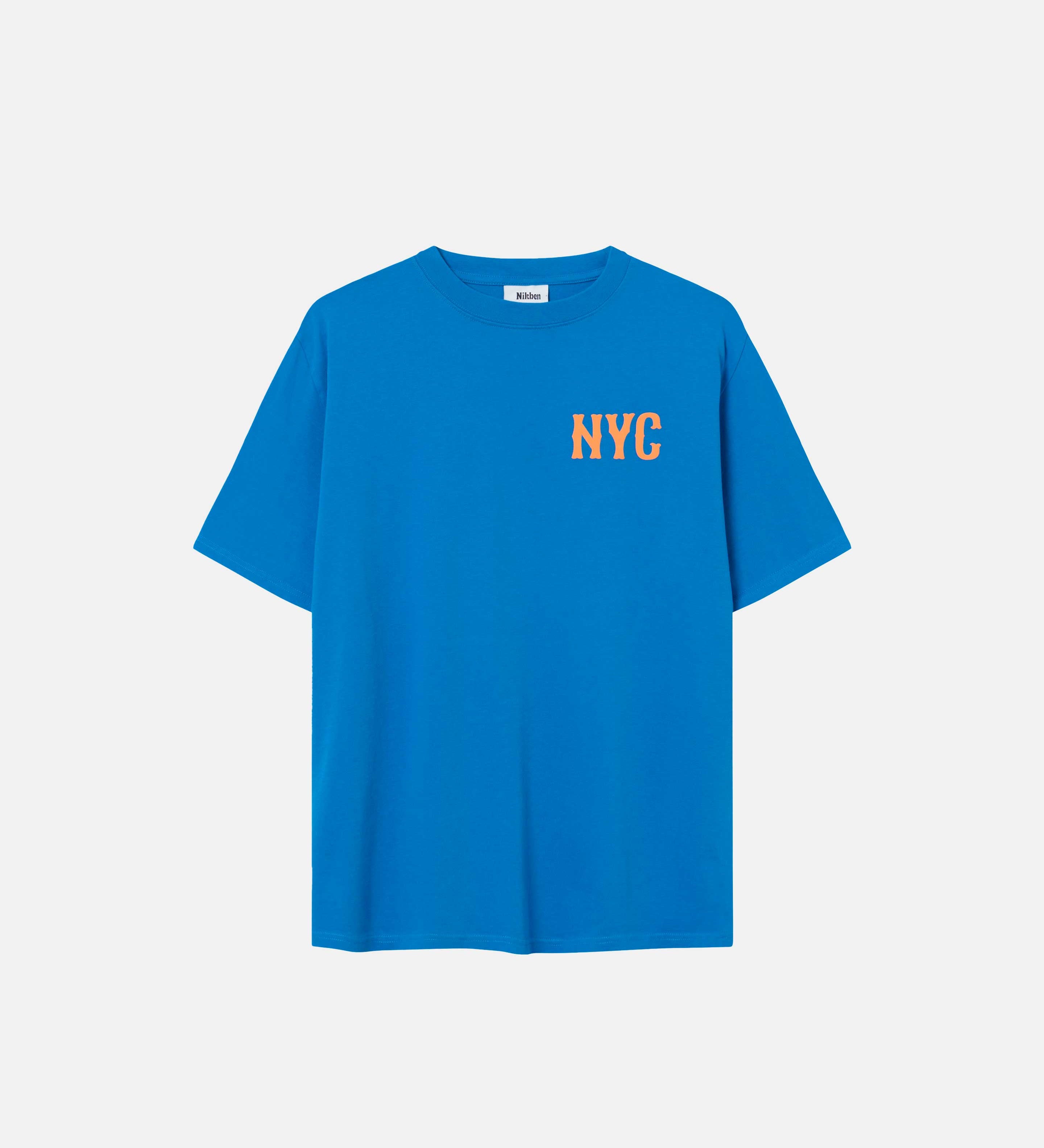Blue t-shirt with "NYC" chest print in orange letters.