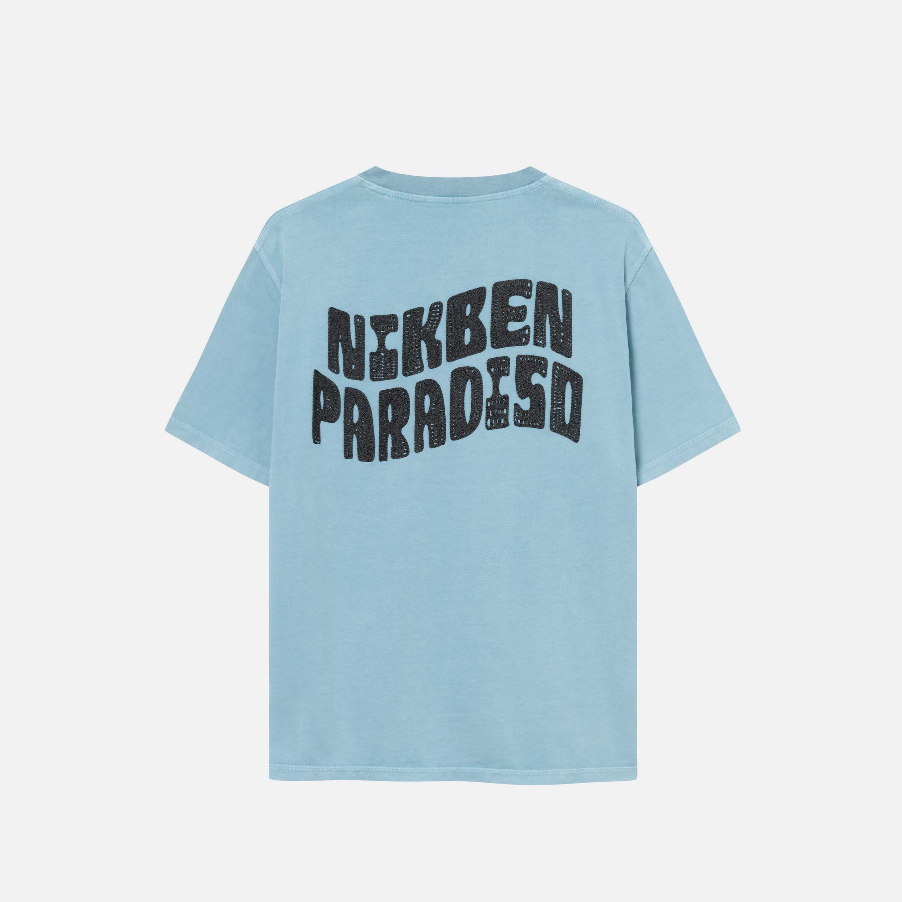 A sky blue t-shirt with "nikben paradiso" embroidery on its back