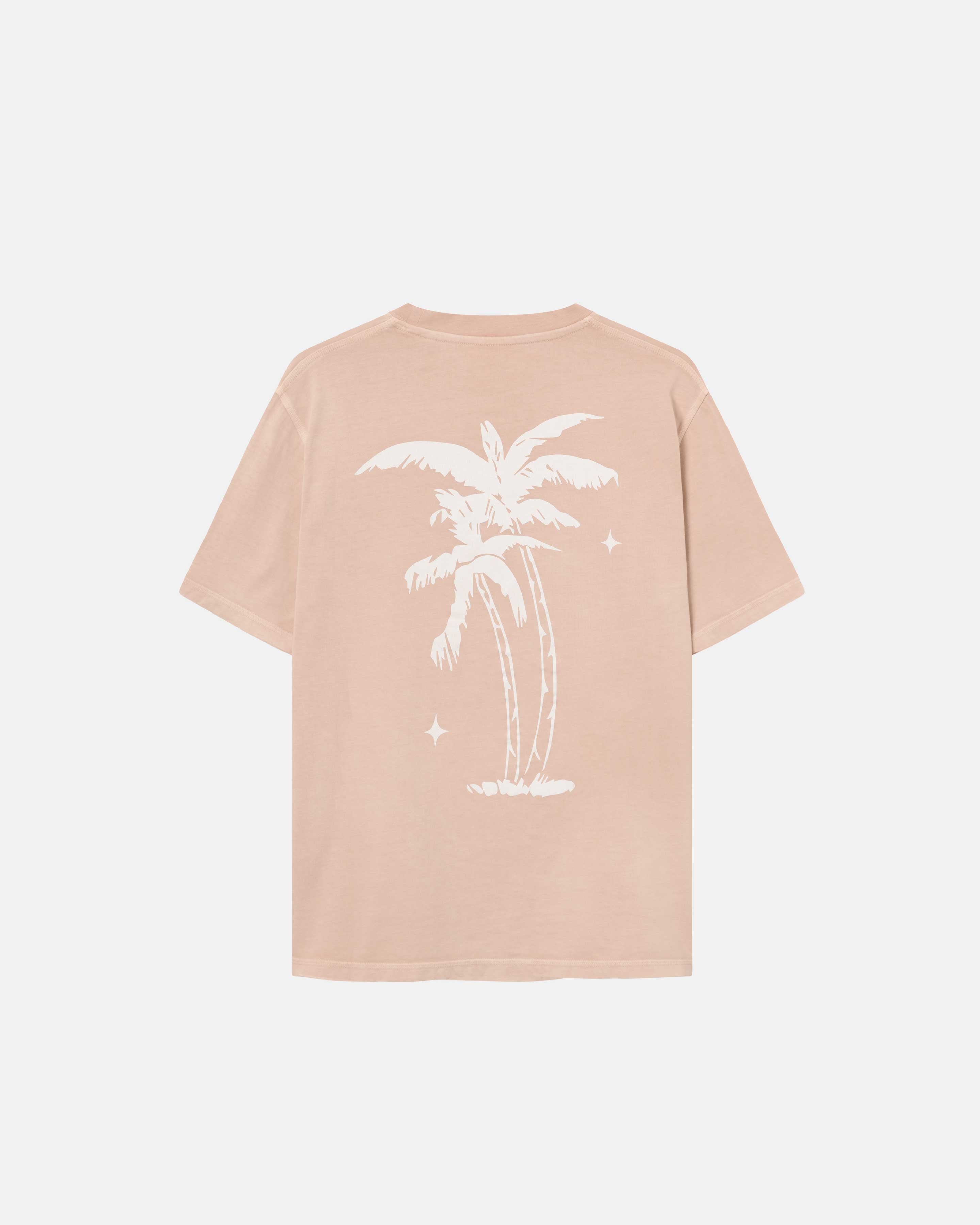 A sand colored t-shirt with palm print on its back