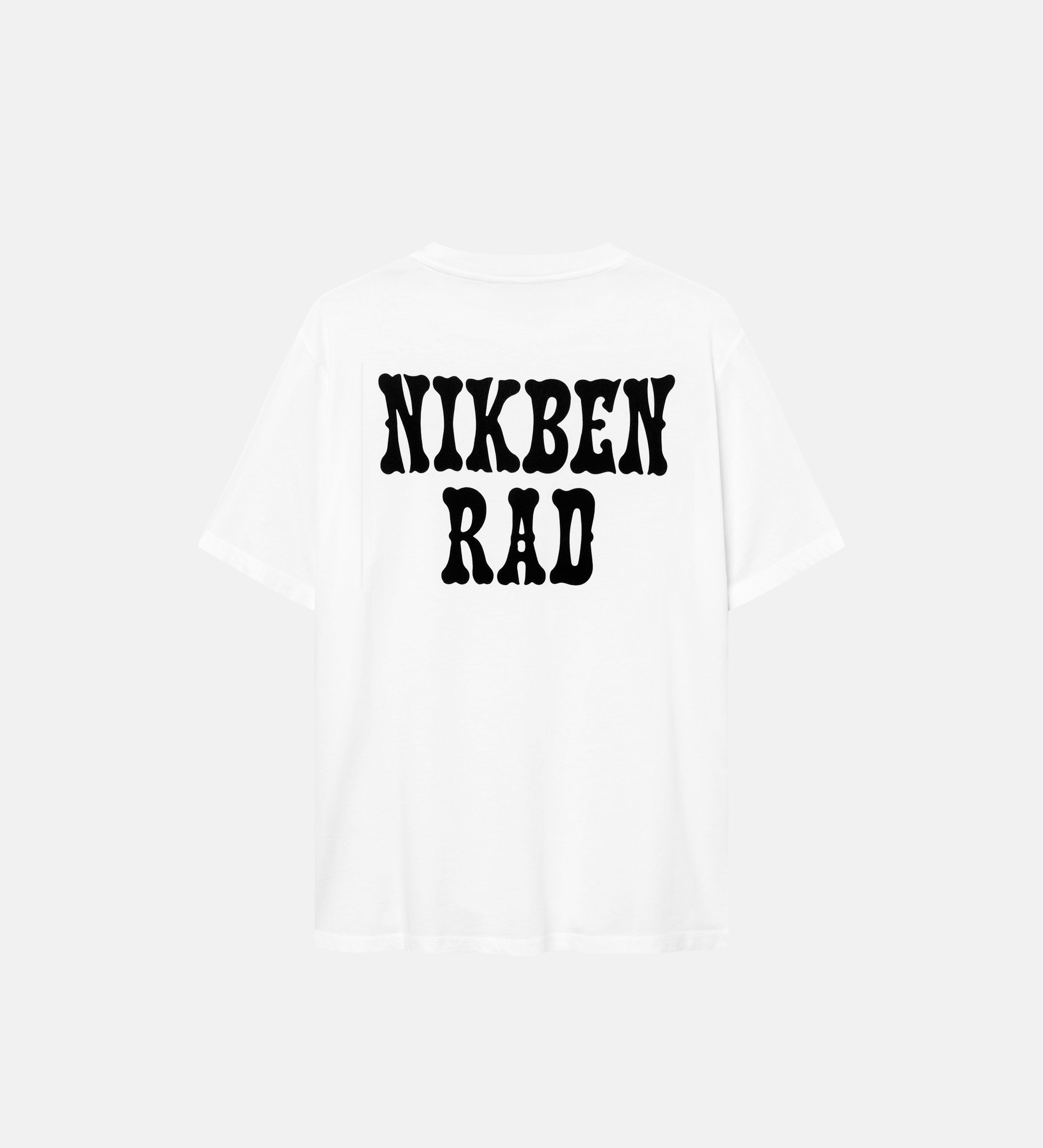 A white t-shirt with a large black "Nikben Rad" on its back