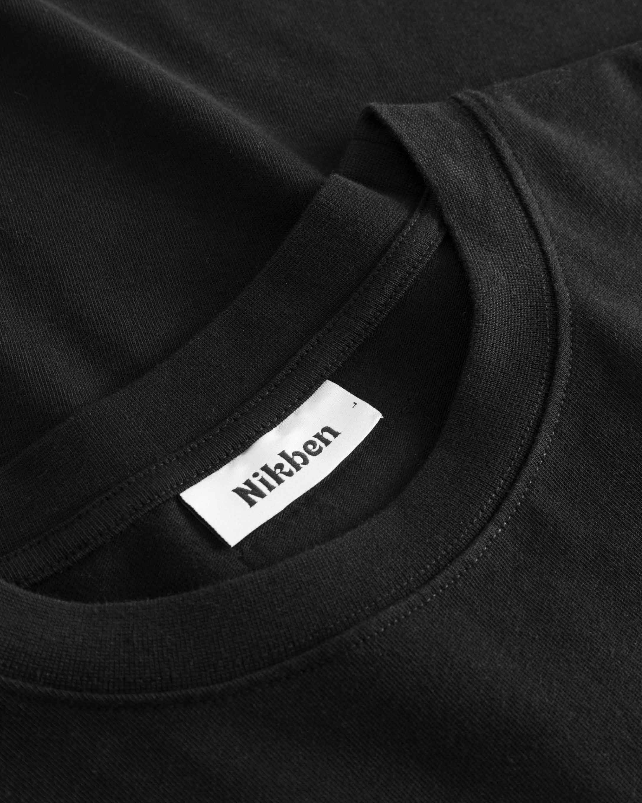 Close-up view of the round neck and stitchings on a black t-shirt.