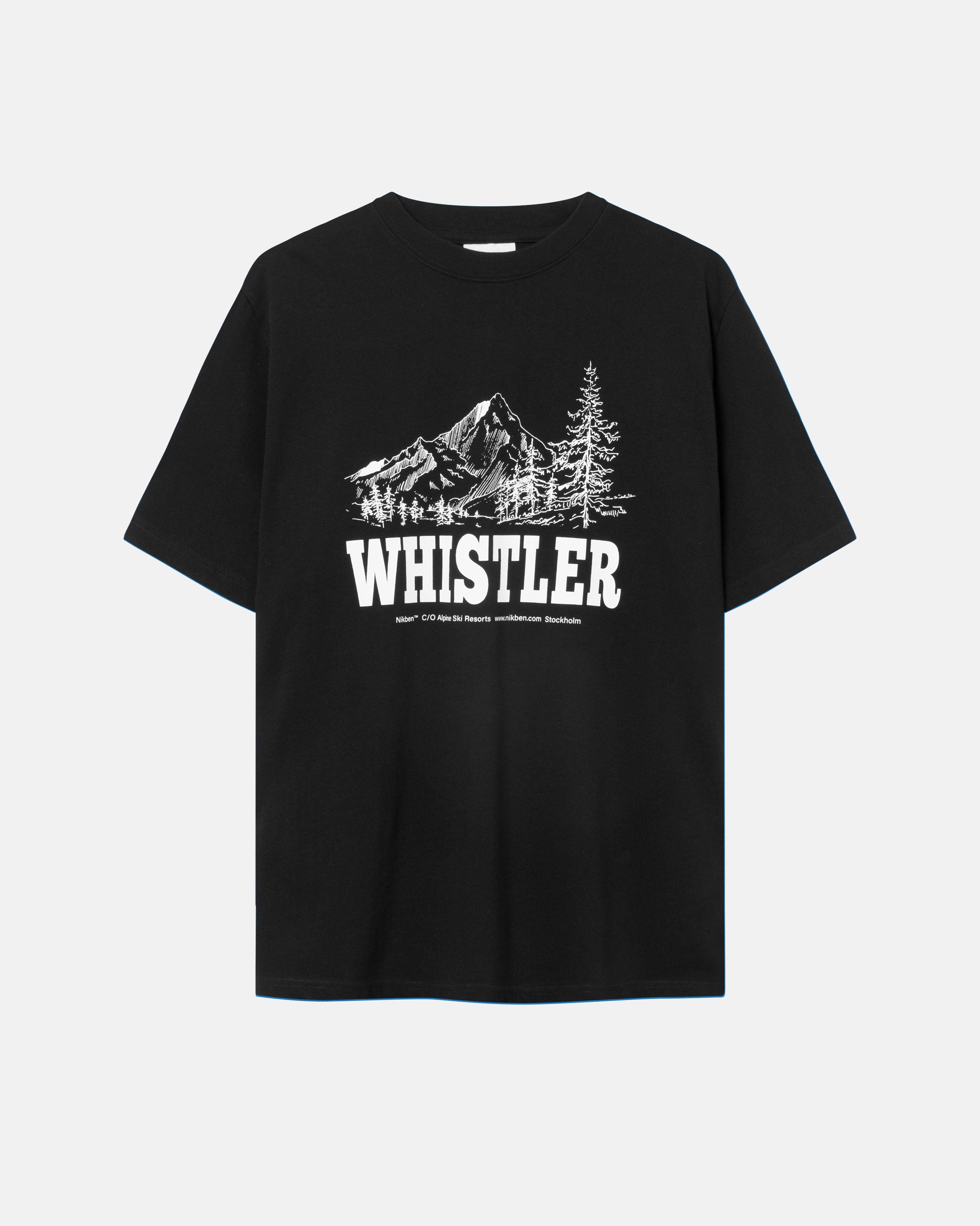 Black t-shirt with white mountain print and 