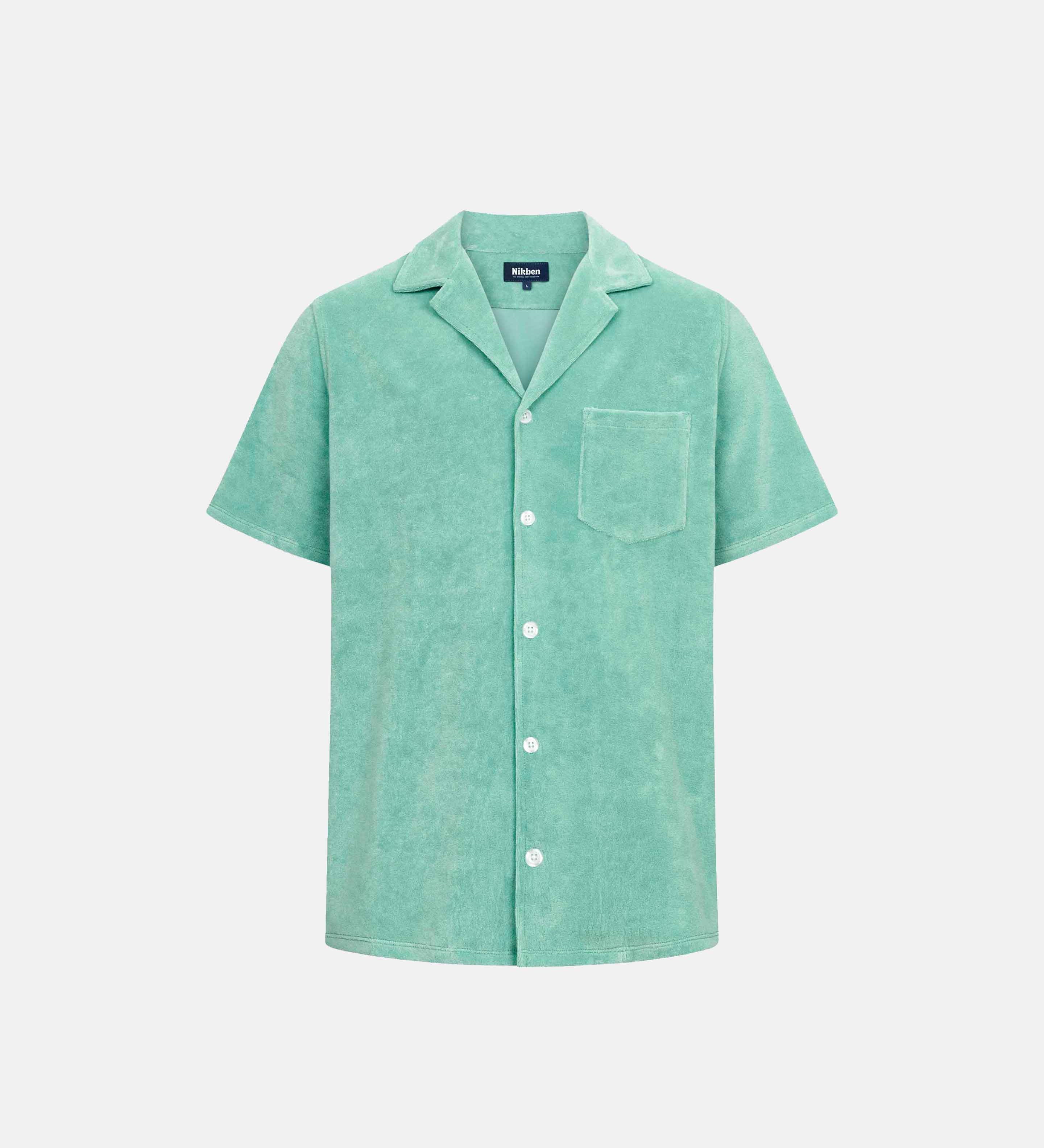 Grey-Green short sleeve shirt with white button closure and one chest pocket