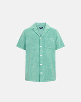 Grey-Green short sleeve shirt with white button closure and one chest pocket