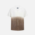 White and brown short sleeve shirt with white button closure and one chest pocket