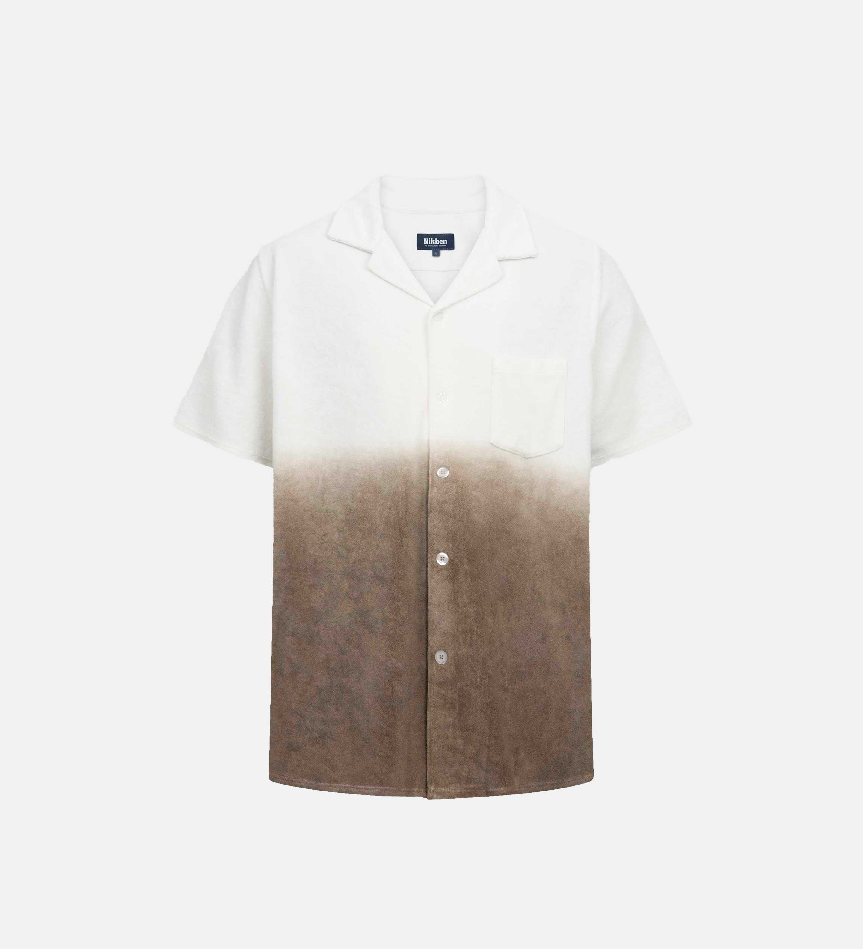 White and brown short sleeve shirt with white button closure and one chest pocket