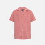 Red/brown short sleeve shirt with white button closure and one chest pocket