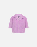 Purple, short sleeve, cropped shirt with white button closure and one chest pocket