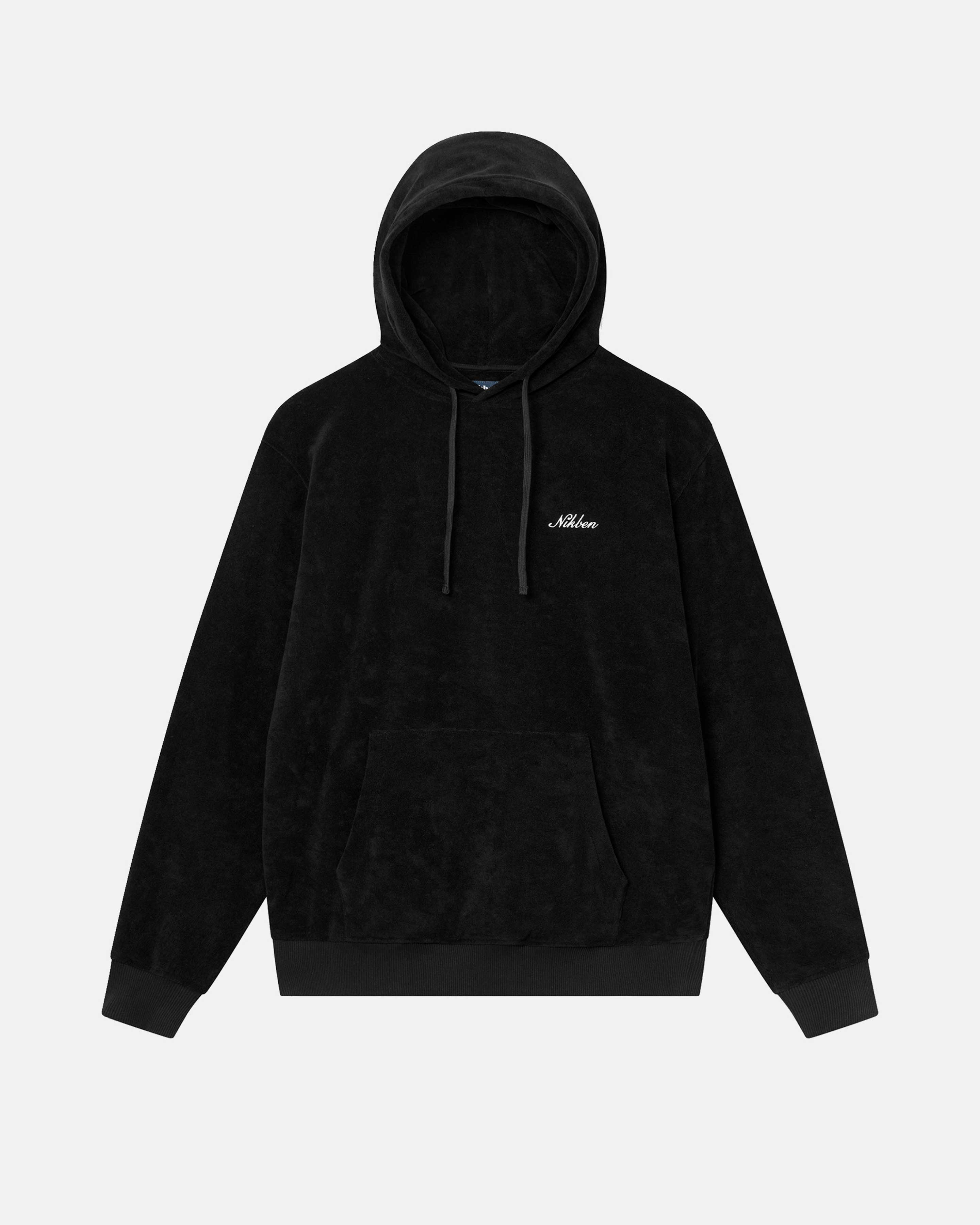 Black hoodie made from terry toweling cloth. It features drawstrings, a single front pocket, and a stitched "Nikben" logo on the chest.