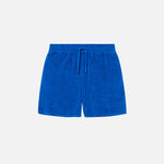 Blue mid length shorts in terry toweling fabric with drawdtring and two side pockets.