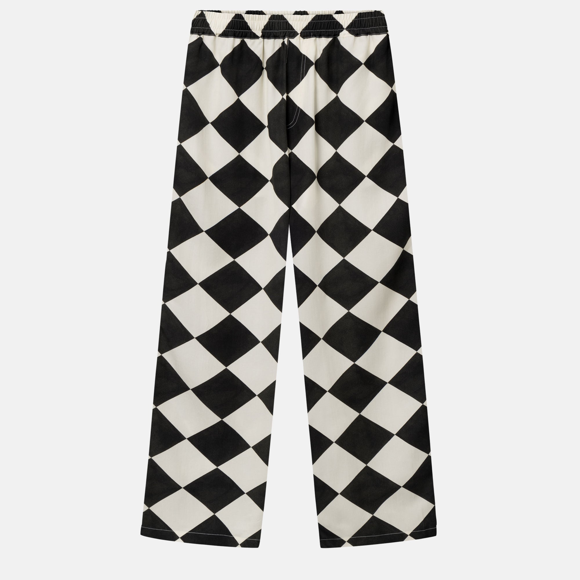 Vacation pants with a black and white checkered pattern, two front pockets, and drawstrings.