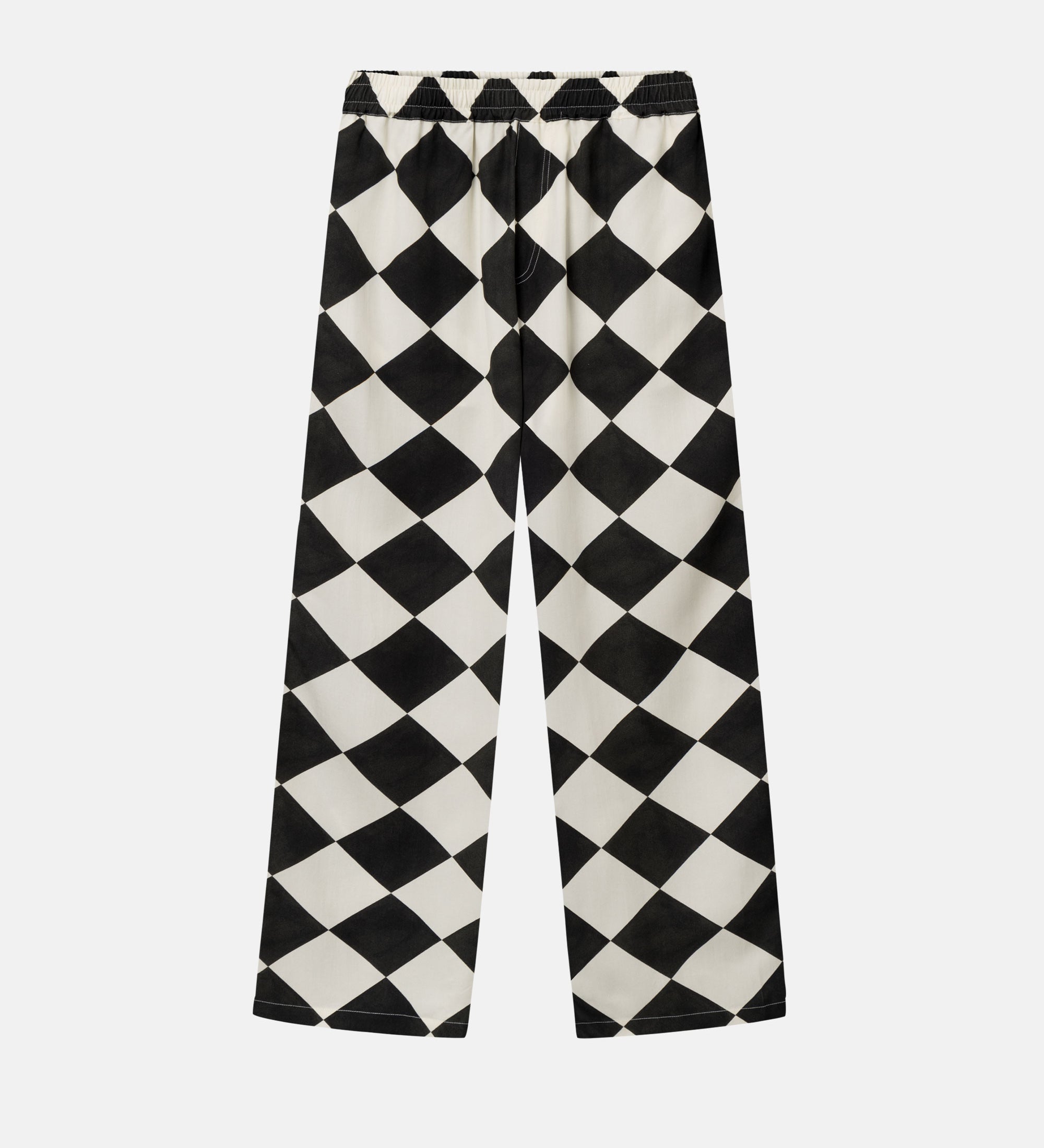Vacation pants with a black and white checkered pattern, two front pockets, and drawstrings.