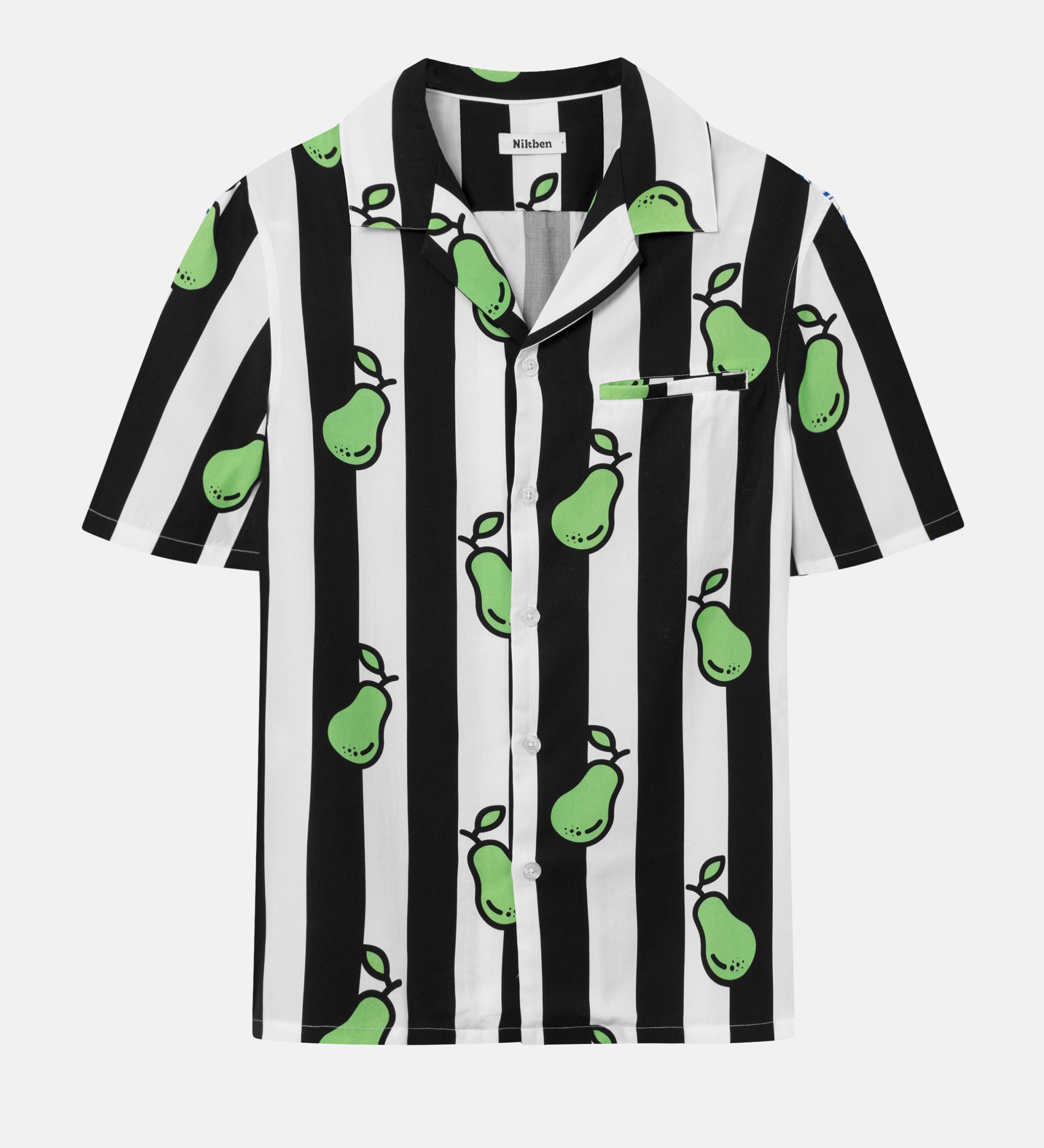 Black and white short-sleeved vacation shirt with green pear illustrations, open collar, one breast pocket, and button closure.