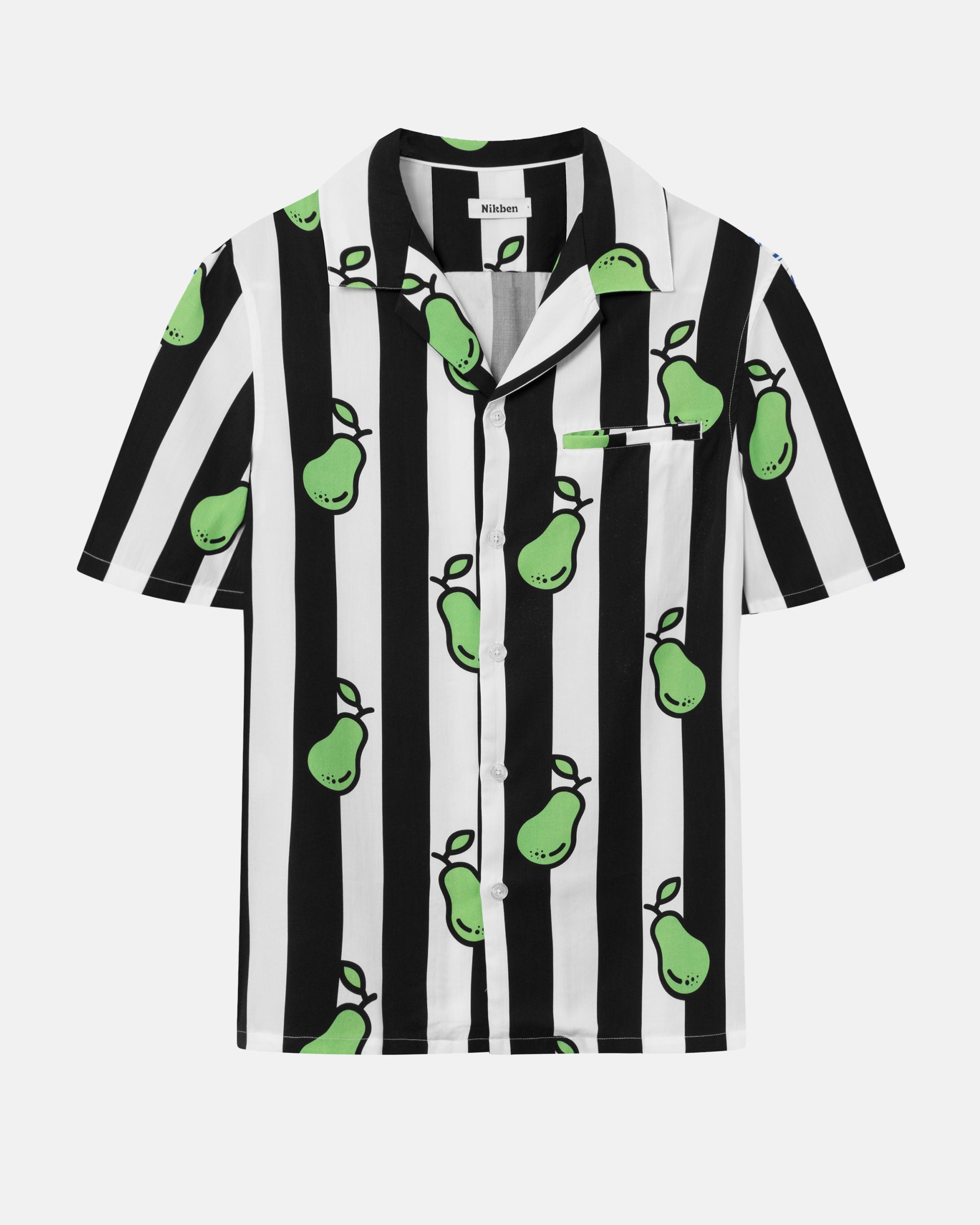 Black and white short-sleeved vacation shirt with green pear illustrations, open collar, one breast pocket, and button closure.