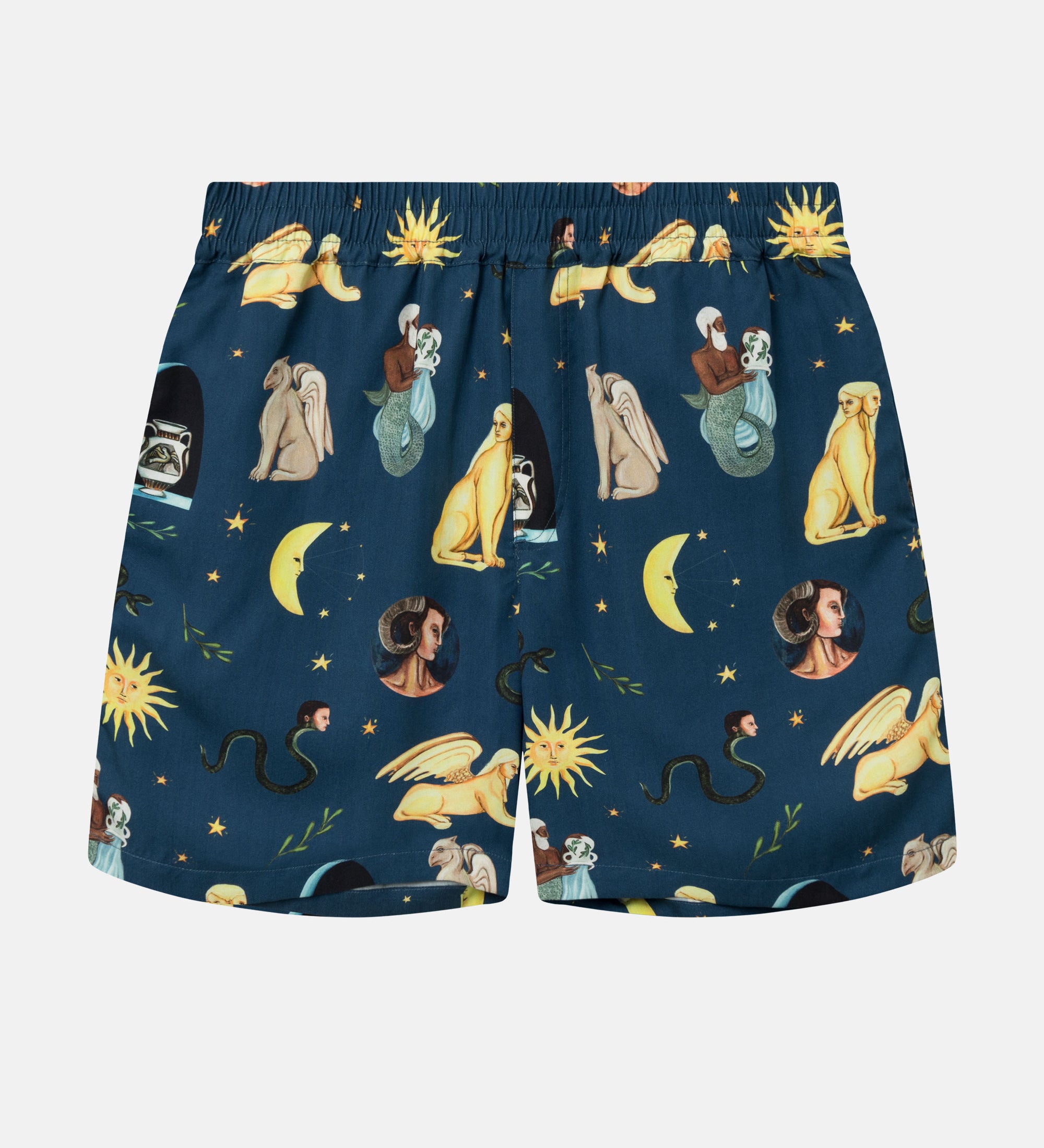 Navy vacation shorts with a multi-colored graphic pattern, two front pockets, and an elastic drawstring.