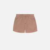 Brown waffle-patterned short-length shorts with two front pockets and a drawstring.