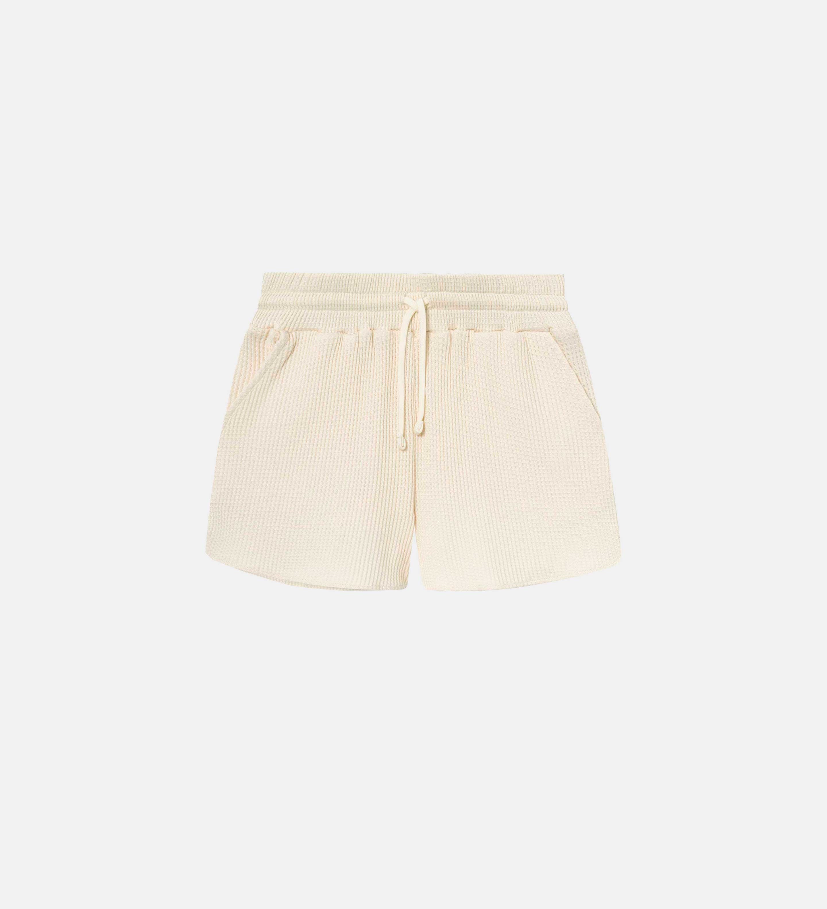 Off white waffle-patterned short-length shorts with two front pockets and a drawstring.