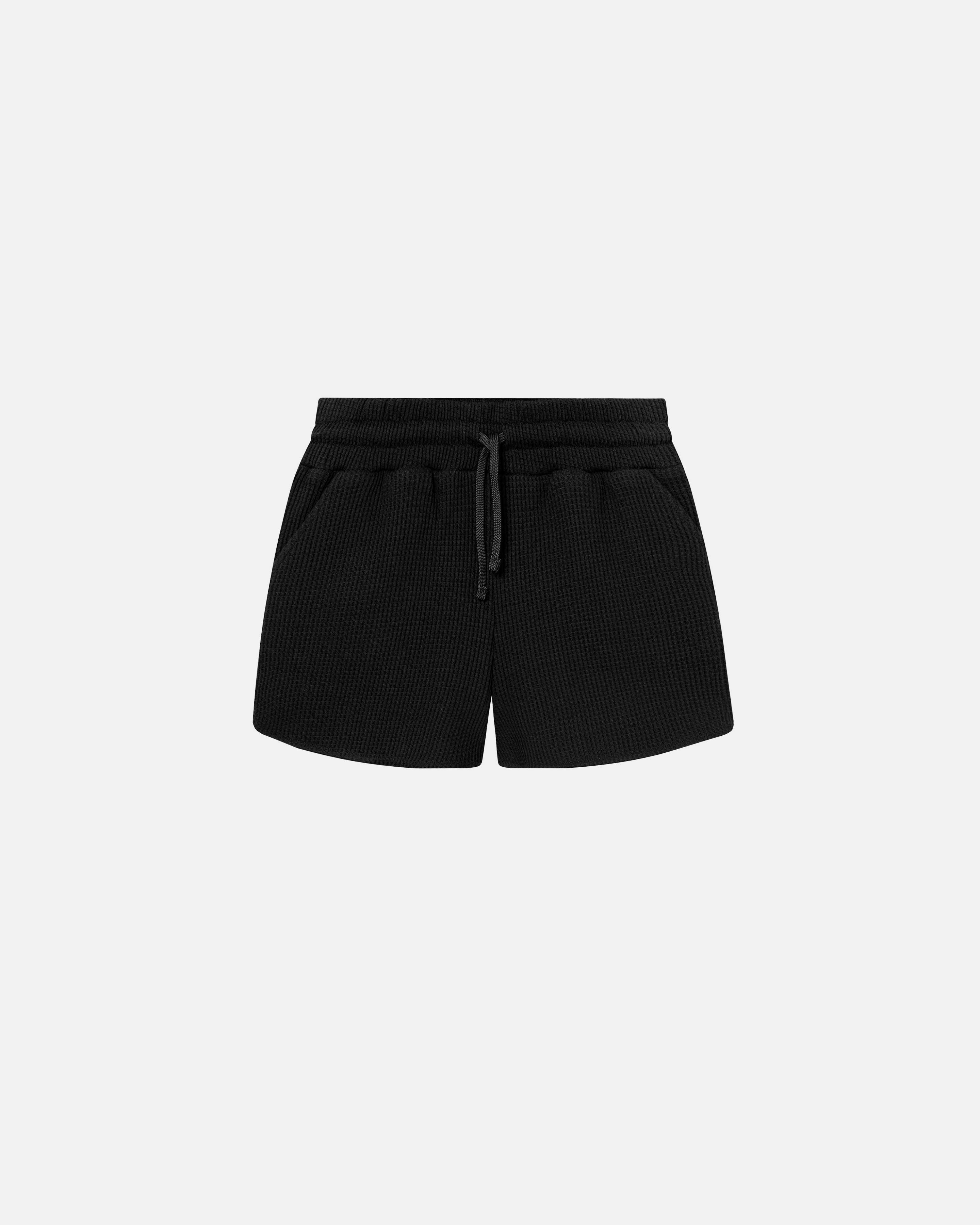 Black short length shorts with drawstring and two side pockets