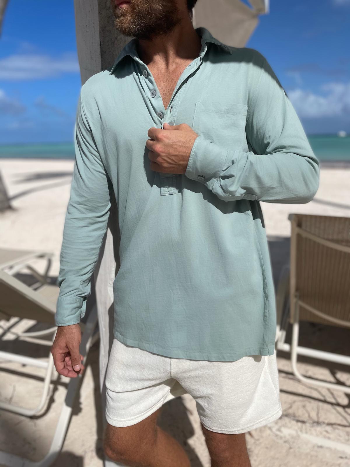 Model wearing grey-green long sleeve jersey shirt