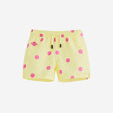 Yellow kids swim trunks with pink dots