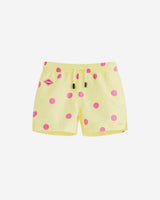 Yellow kids swim trunks with pink dots