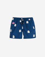 Blue kids swim trunks with print