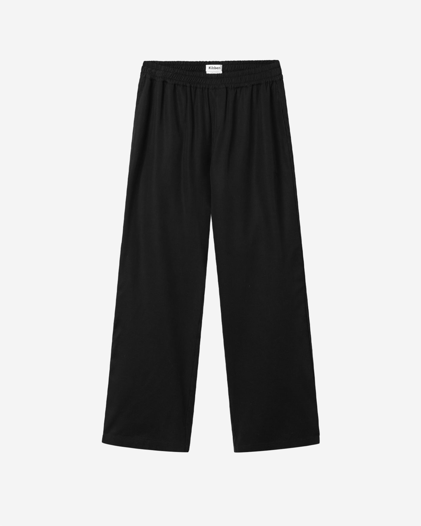 Black vacation pants with two front pockets and an elastic drawstring. 