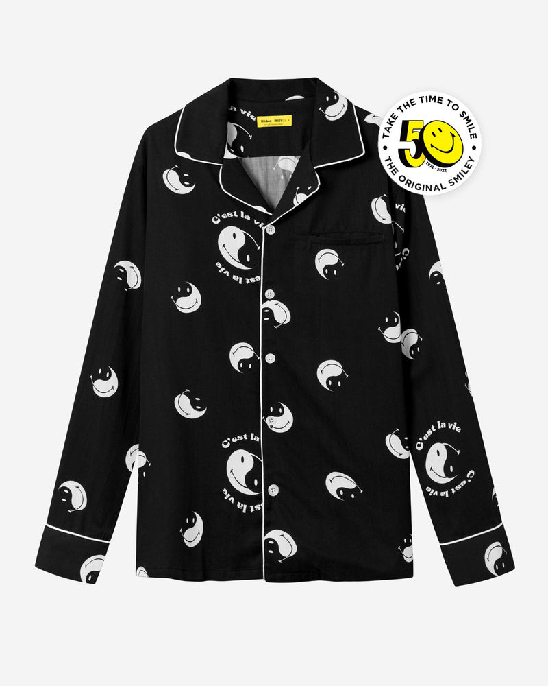 Long sleeve black shirt with white smiley print