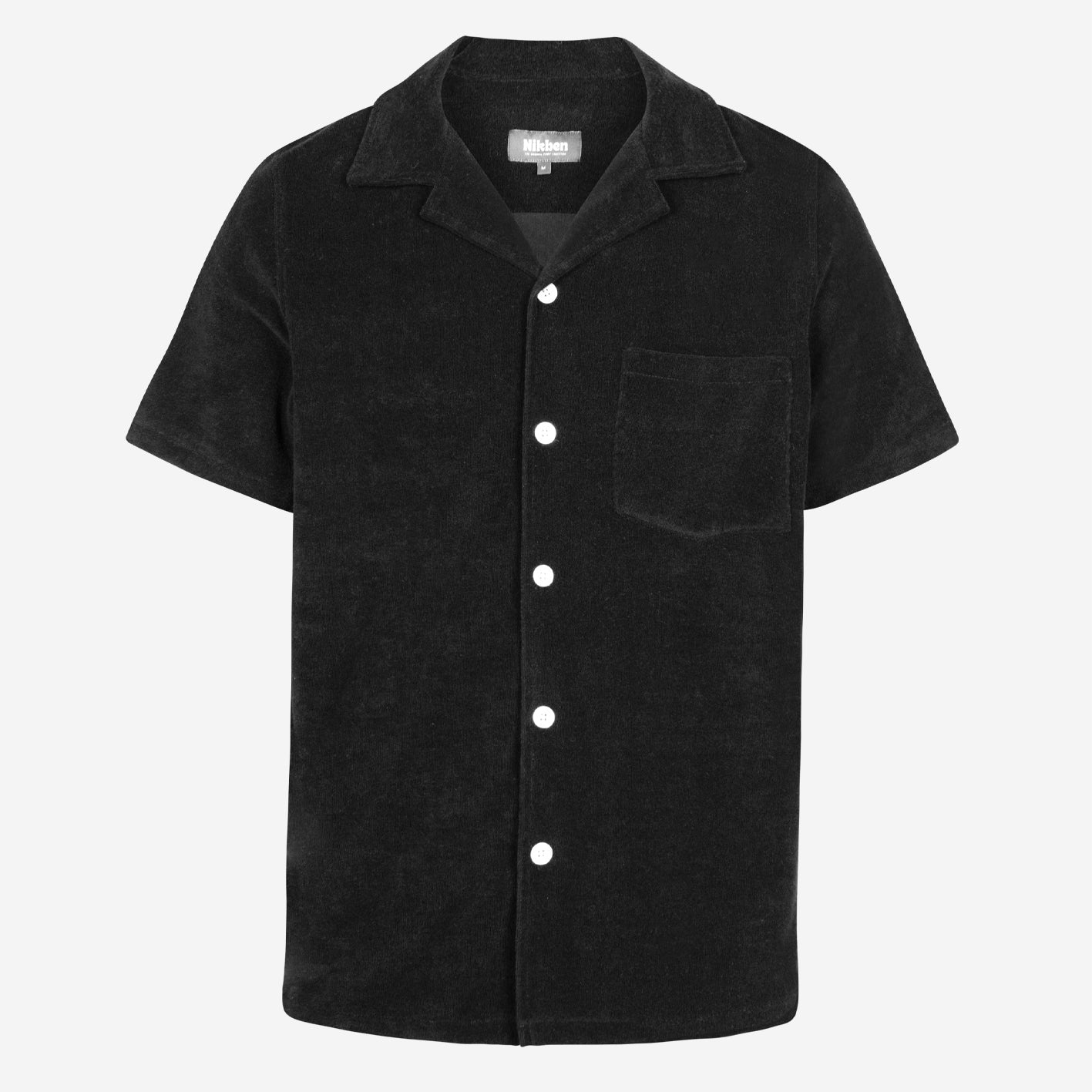 Black short sleeve shirt with white button closure and one chest pocket