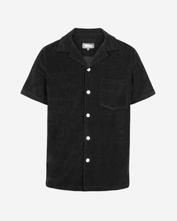 Black short sleeve shirt with white button closure and one chest pocket