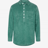Green long sleeve shirt in terry toweling fabric with half button closure and one chest pocket