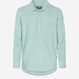 Grey-green long sleeve shirt in terry toweling fabric with half button closure and one chest pocket