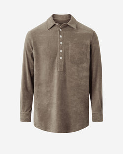 Brown long sleeve shirt in terry toweling fabric with half button closure and one chest pocket
