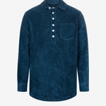 Dark blue long sleeve shirt in terry toweling fabric with half button closure and one chest pocket