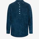 Dark blue long sleeve shirt in terry toweling fabric with half button closure and one chest pocket