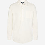 White long sleeve shirt in terry toweling fabric with half button closure and one chest pocket