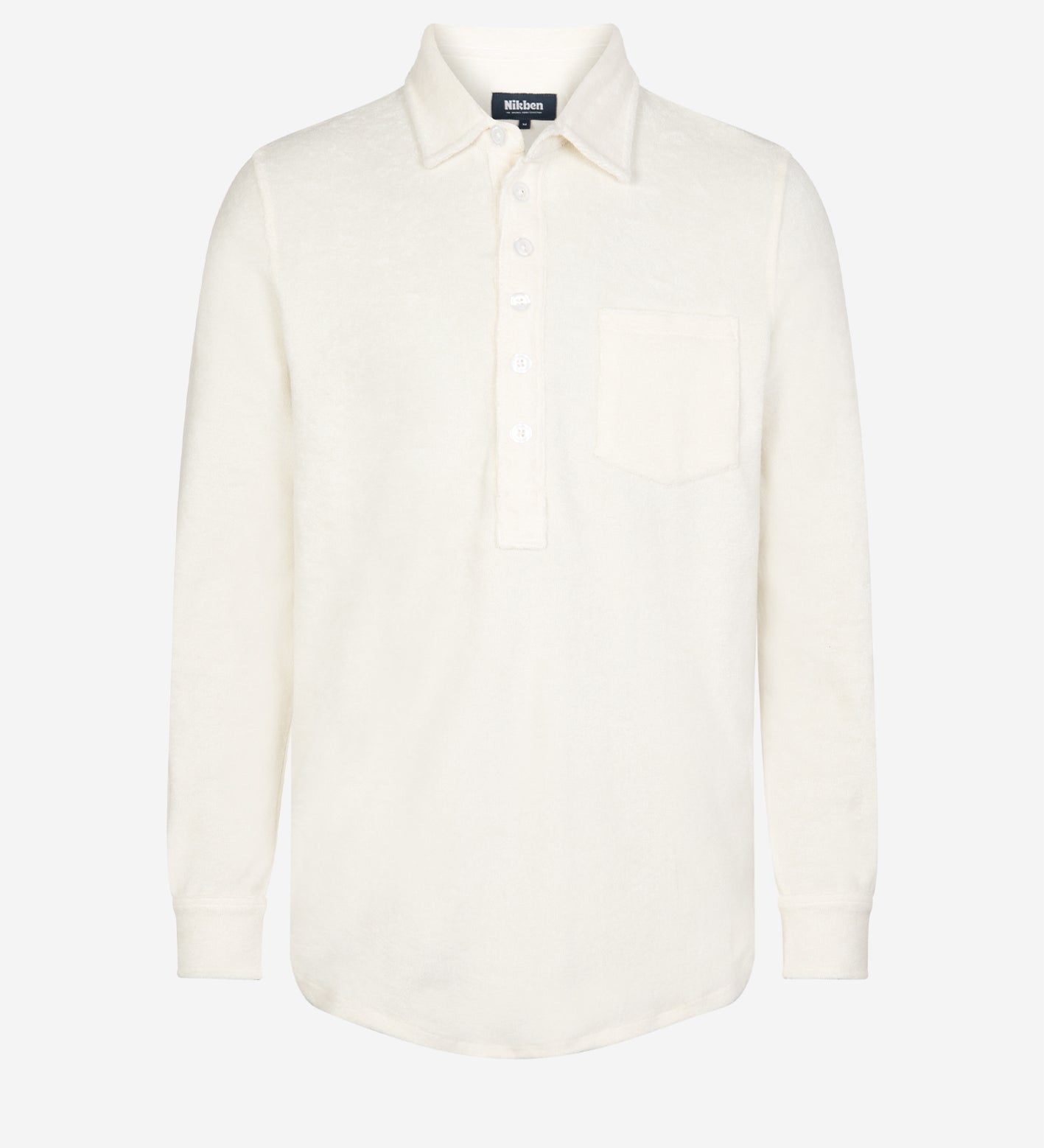 White long sleeve shirt in terry toweling fabric with half button closure and one chest pocket