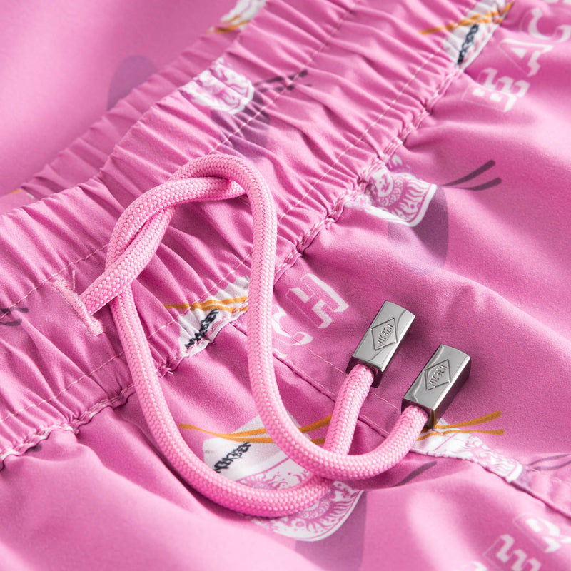 Drawstring waistband on pink printed swim trunks