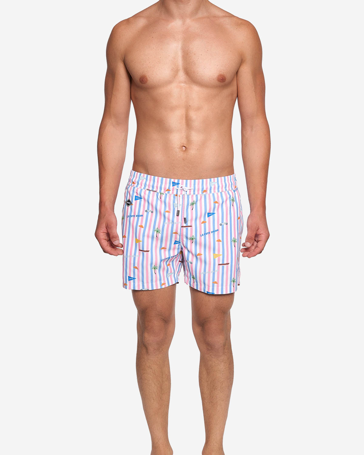 Model wearing striped printed mid length swim trunks