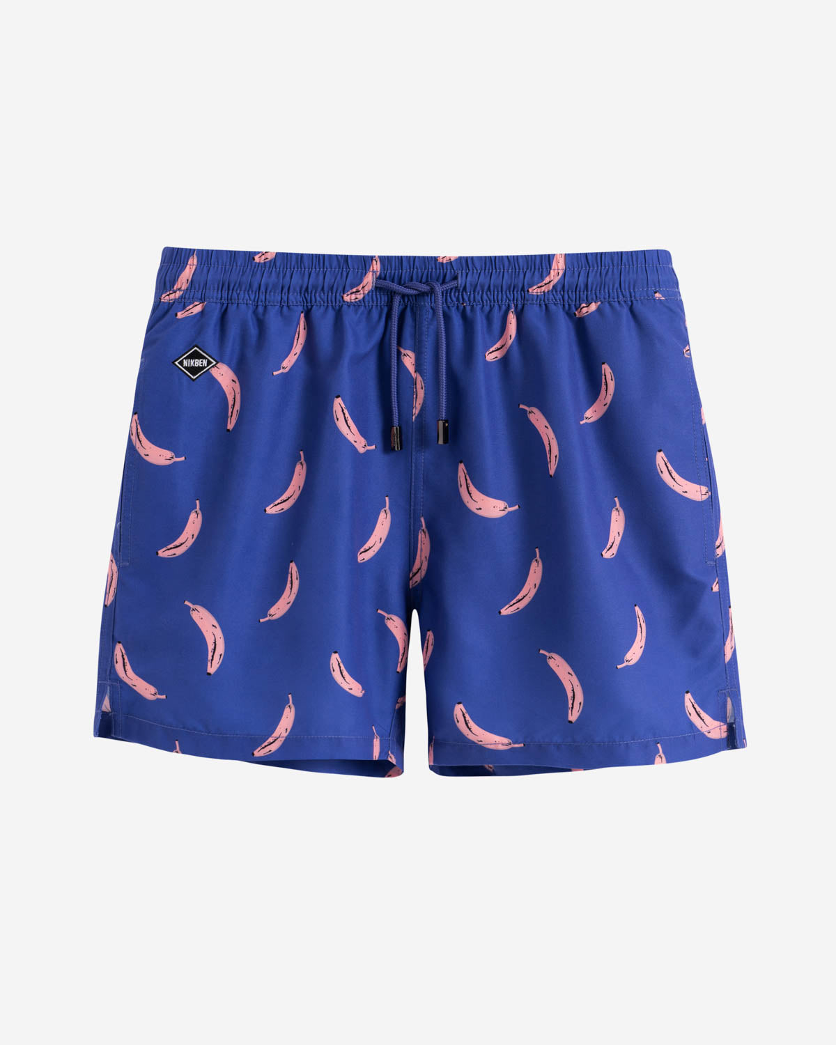 Purple swim trunks with pink banana print. Mid length shorts with drawstring waistband and two side pockets.