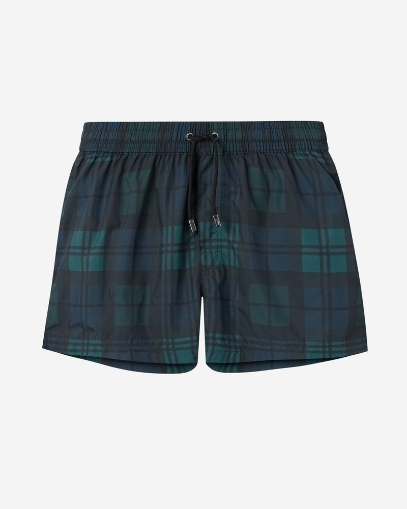 Blue-green checked swim trunks. Mid length shorts with drawstring waistband and two side pockets.