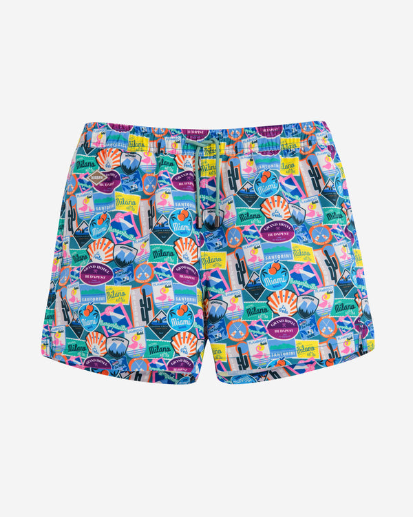 Multicolored printed mid length swim trunks