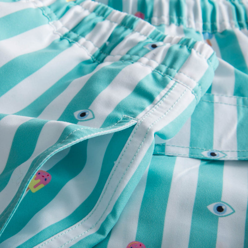 Pocket on white-green striped swim trunks
