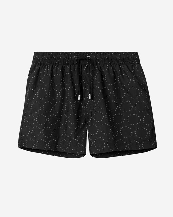Black mid length swim trunks with white text