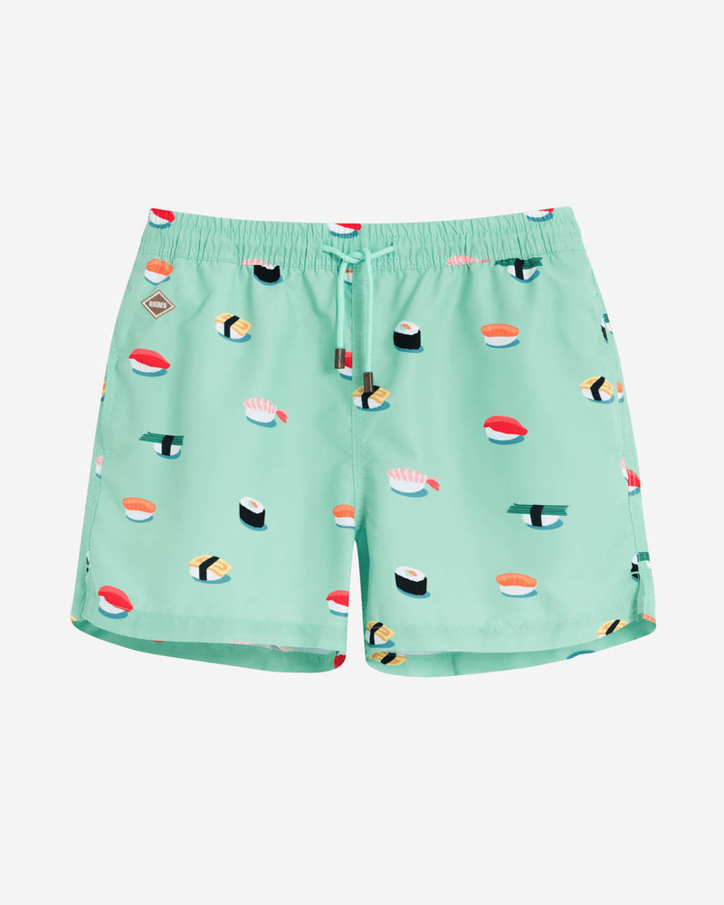 Green mid length swim trunks with sushi print