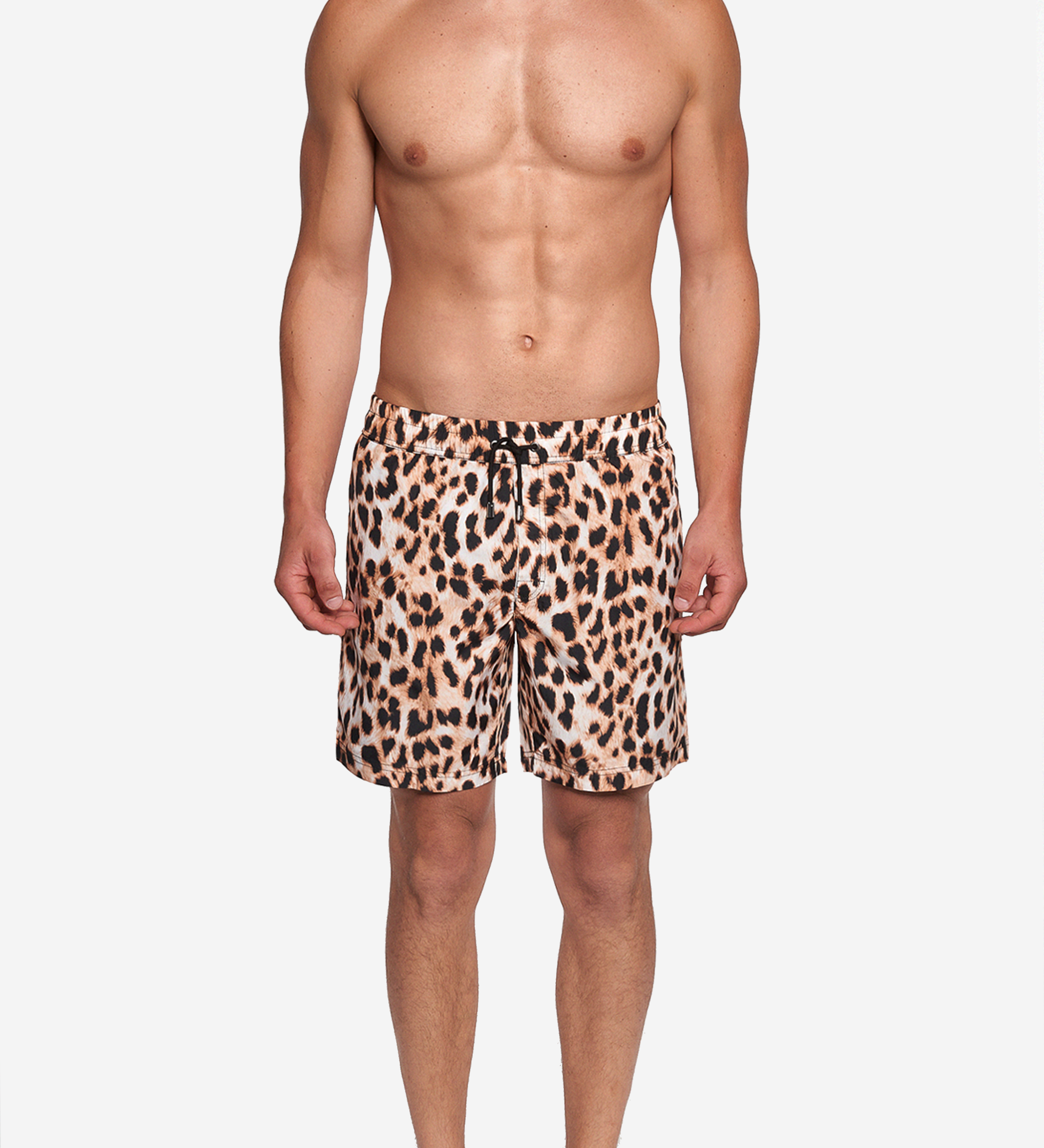 Model wearing leopard printed extended-length swim trunks
