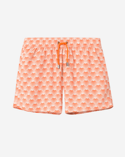 Orange and white patterned swimming trunks. Short length with drawstring and two side pockets.