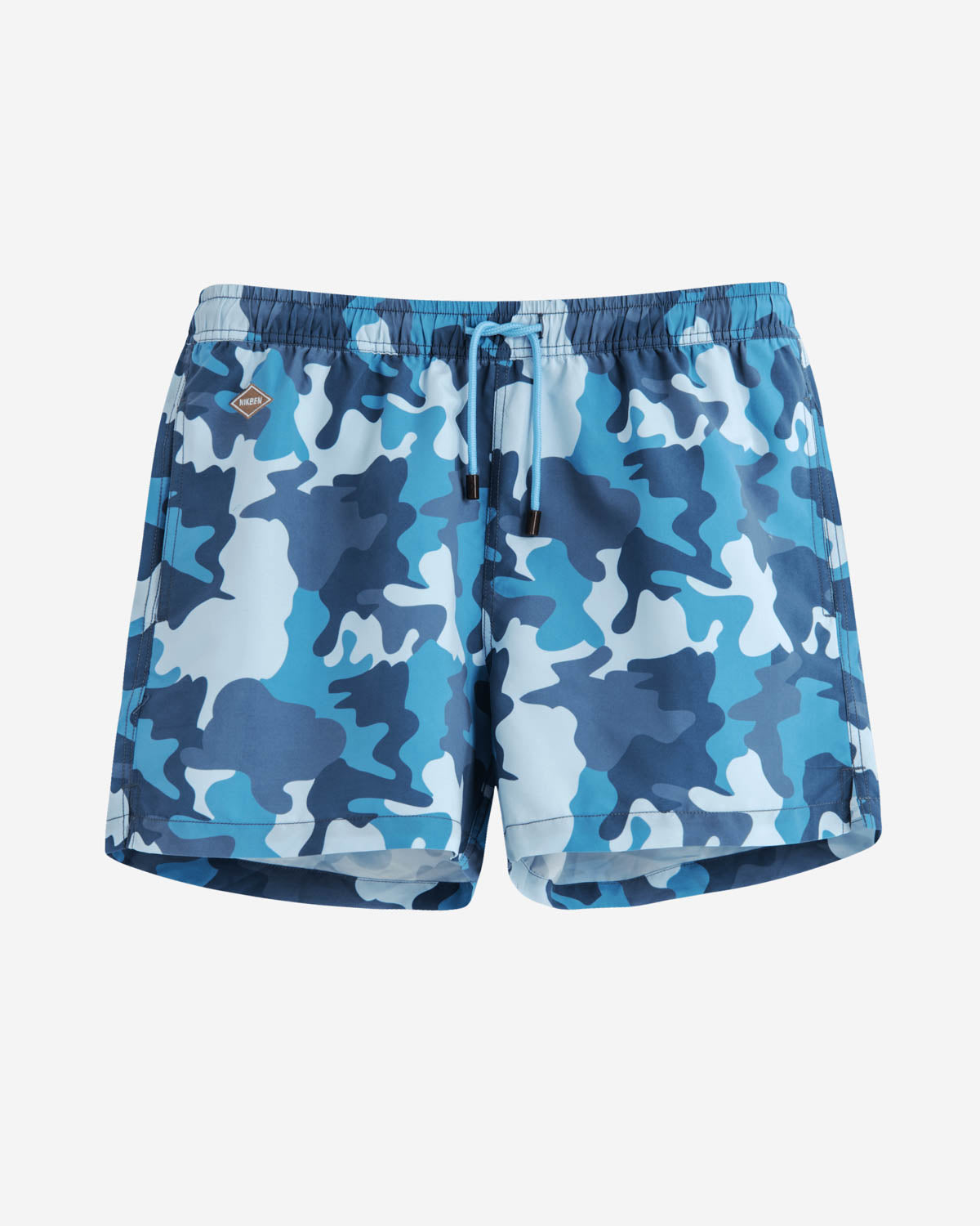 Blue camouflage printed swim trunks