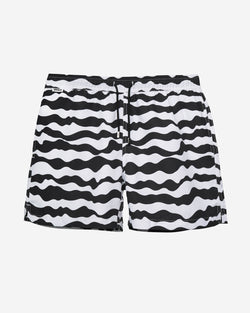 Black and white mid length swim trunks. Mid length with drawstring and two side pockets.